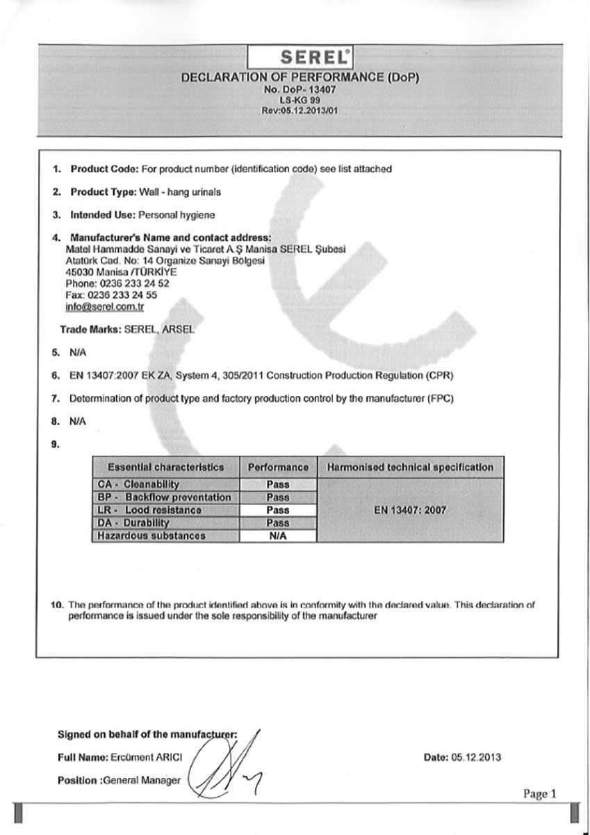 Сертификат за ПИСОАРИ DOP