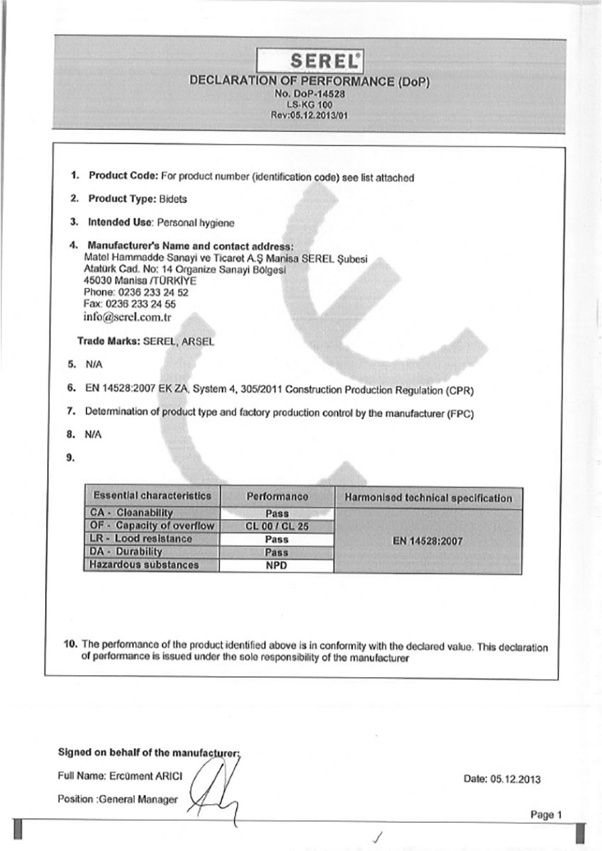 Сертификат за БИДЕТА DOP-14528
