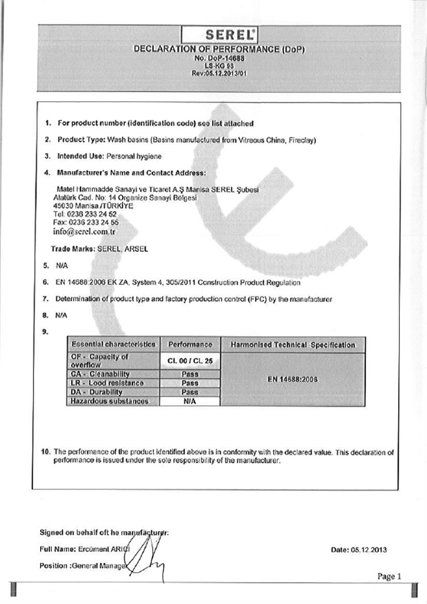 Сертификат за УМИВАЛНИЦИ DOP-14688
