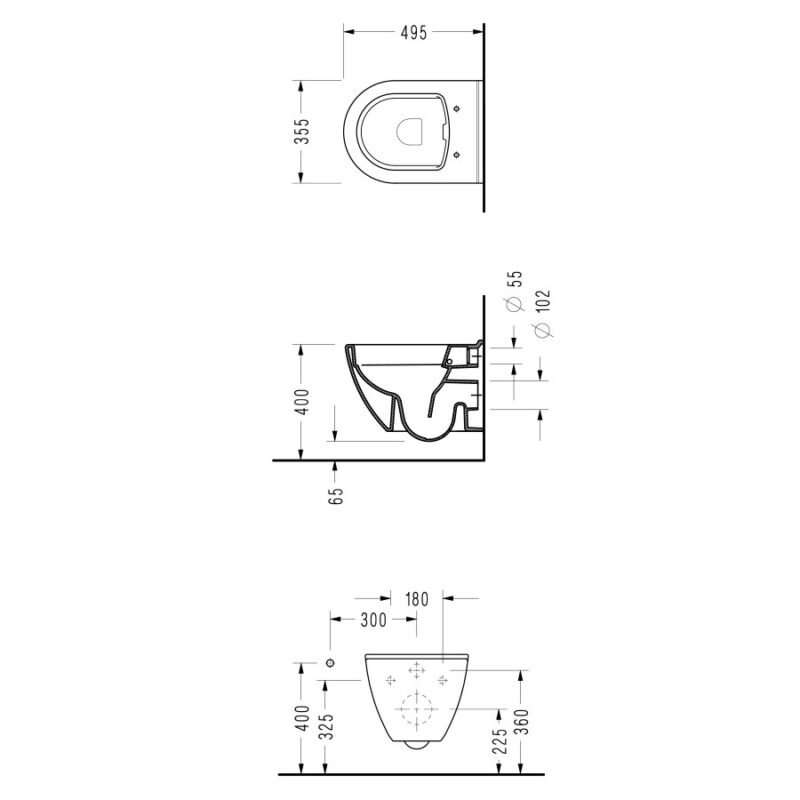 Kонзолна тоалетна чиния SMART (SM 36) 495х355 мм без ръб (RIM Free/Rimless) с бавнопадащ капак (SLIM Soft Close)